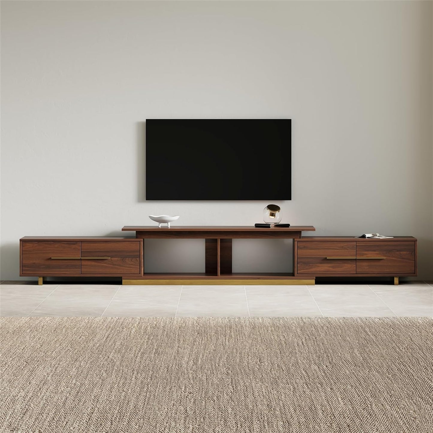 Extendable TV Stand, Modern TV Console for up to 100 Inch TV, Adjustable Length Entertainment Center, Mid-Century Media Console Cabinet for Living Room, Walnut (Extendable: 63.4”W-94.5”W)