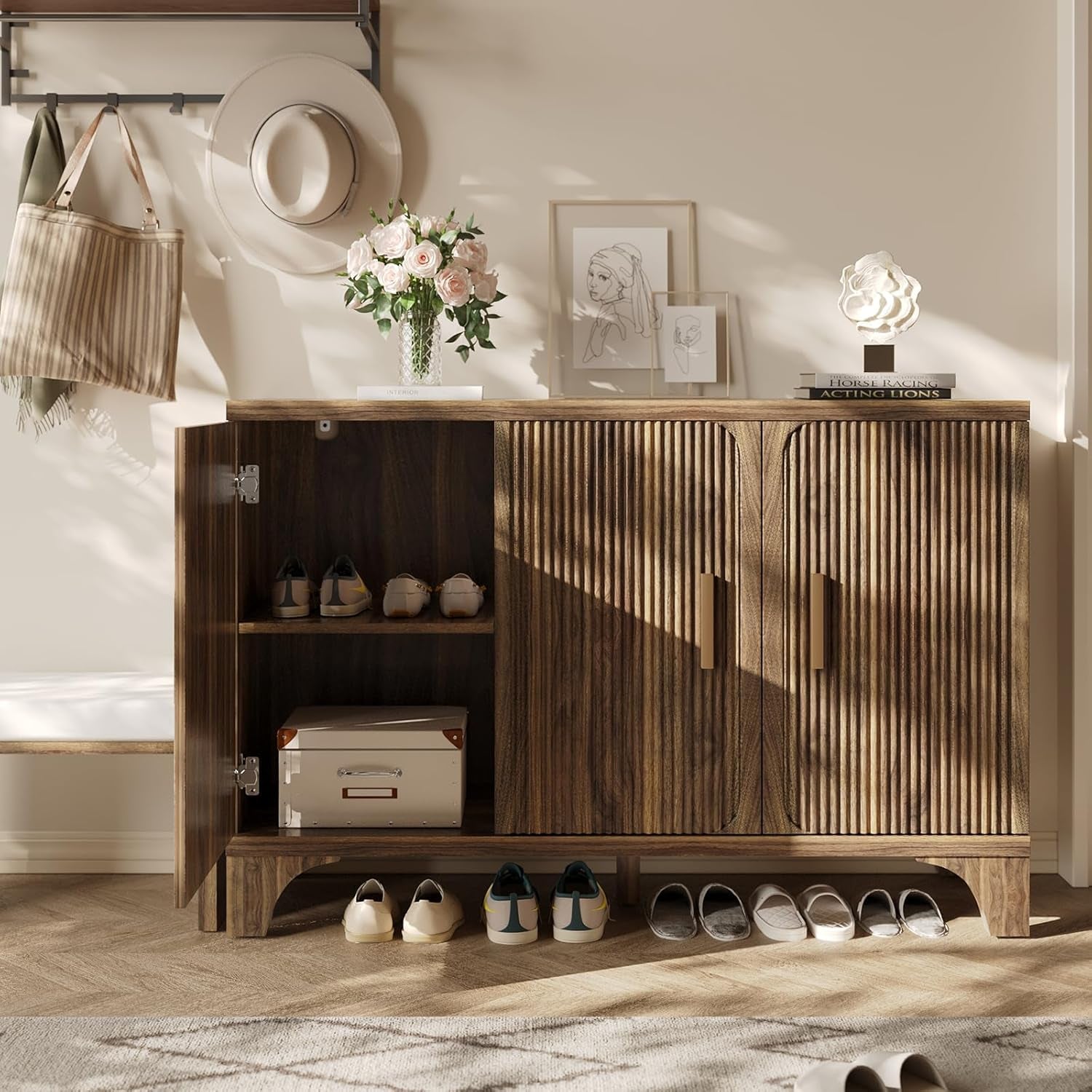 Mid Century Modern Buffet Cabinet with Storage, Accent Sideboard and Credenza with Fluted Doors, Wood Coffee Bar Console for Kitchen, Living Room (Walnut Brown, 47" 3-Door)