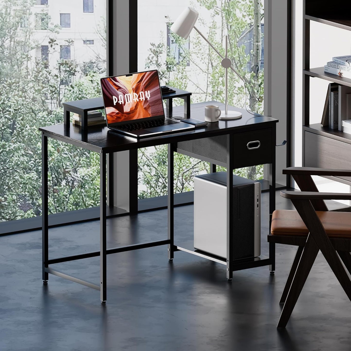 39 Inch Computer Desk with Monitor Stand Small Home Office Desks with Non-Woven Storage Drawer for Bedroom Study Table Writing and Work Desk Black