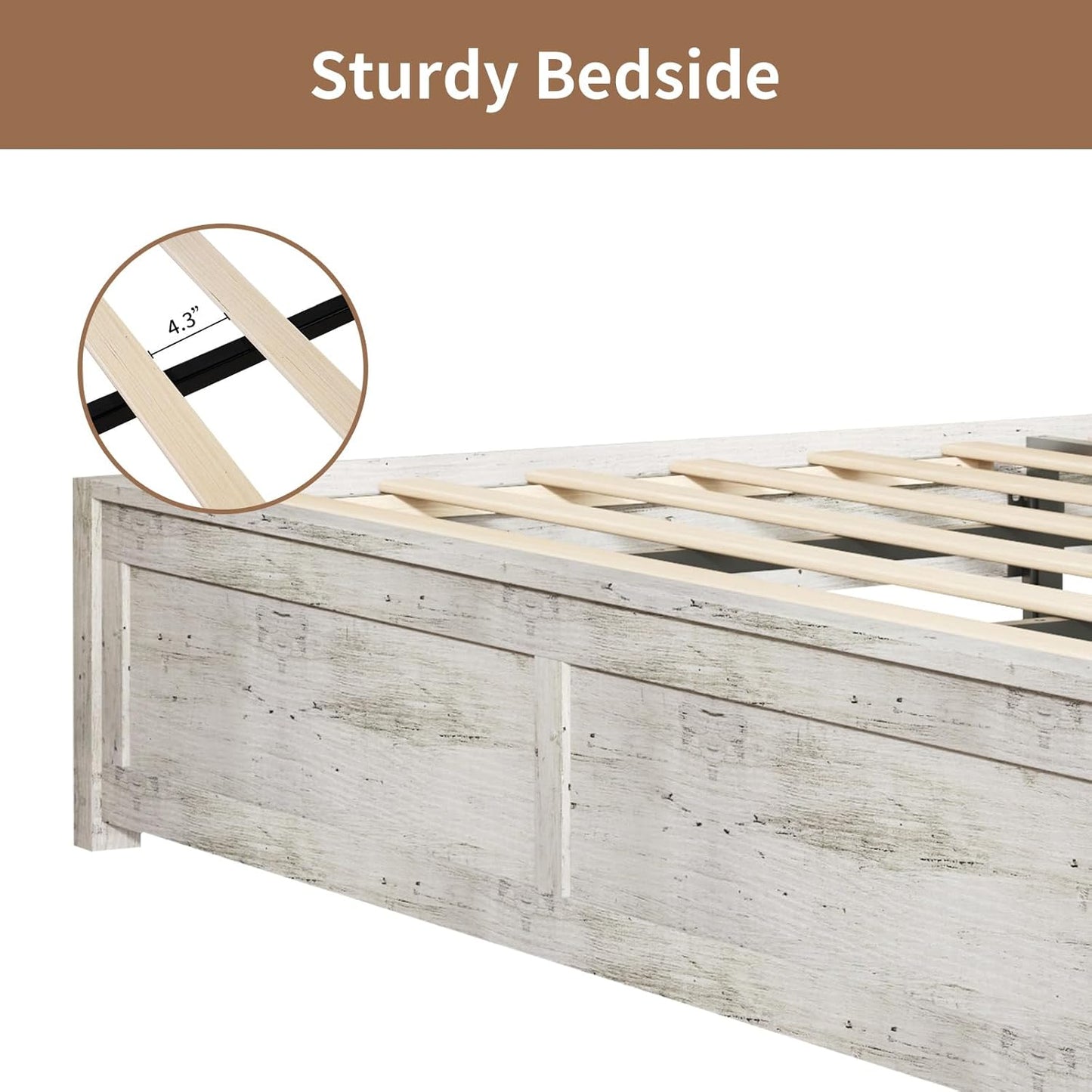 Queen Size Farmhouse Wooden Bed Frame, Platform Bed Frame with 49.2" Headboard/No Box Spring Needed/Noisy Free/Easy Assembly/Distressed White