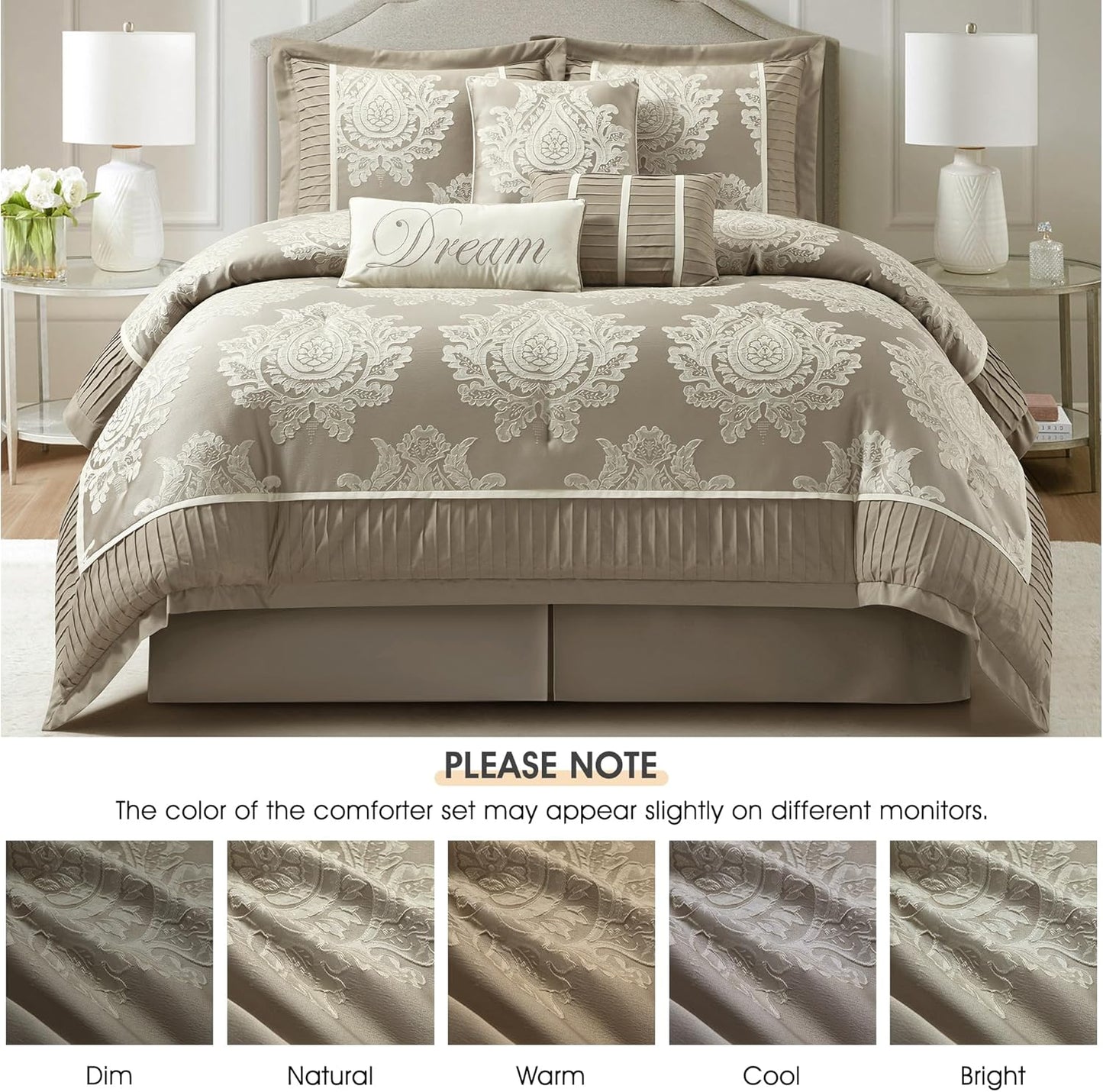 Beige King Size Comforter Set 7 Pieces, Jacquard Woven with Damask, Bedding Set in a Bag Includes Comforter, Bed Skirt, Pillow Shams, and Decorative Pillows