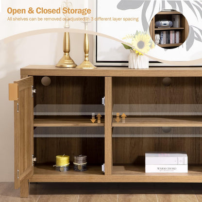TV Stand for Living Room : Rattan TV Console Cabinet with Storage and Shelf, Boho Entertainment Center, 59" Media Console for 55, 65 Inch TV, 26" Tall Television Stands, Oak
