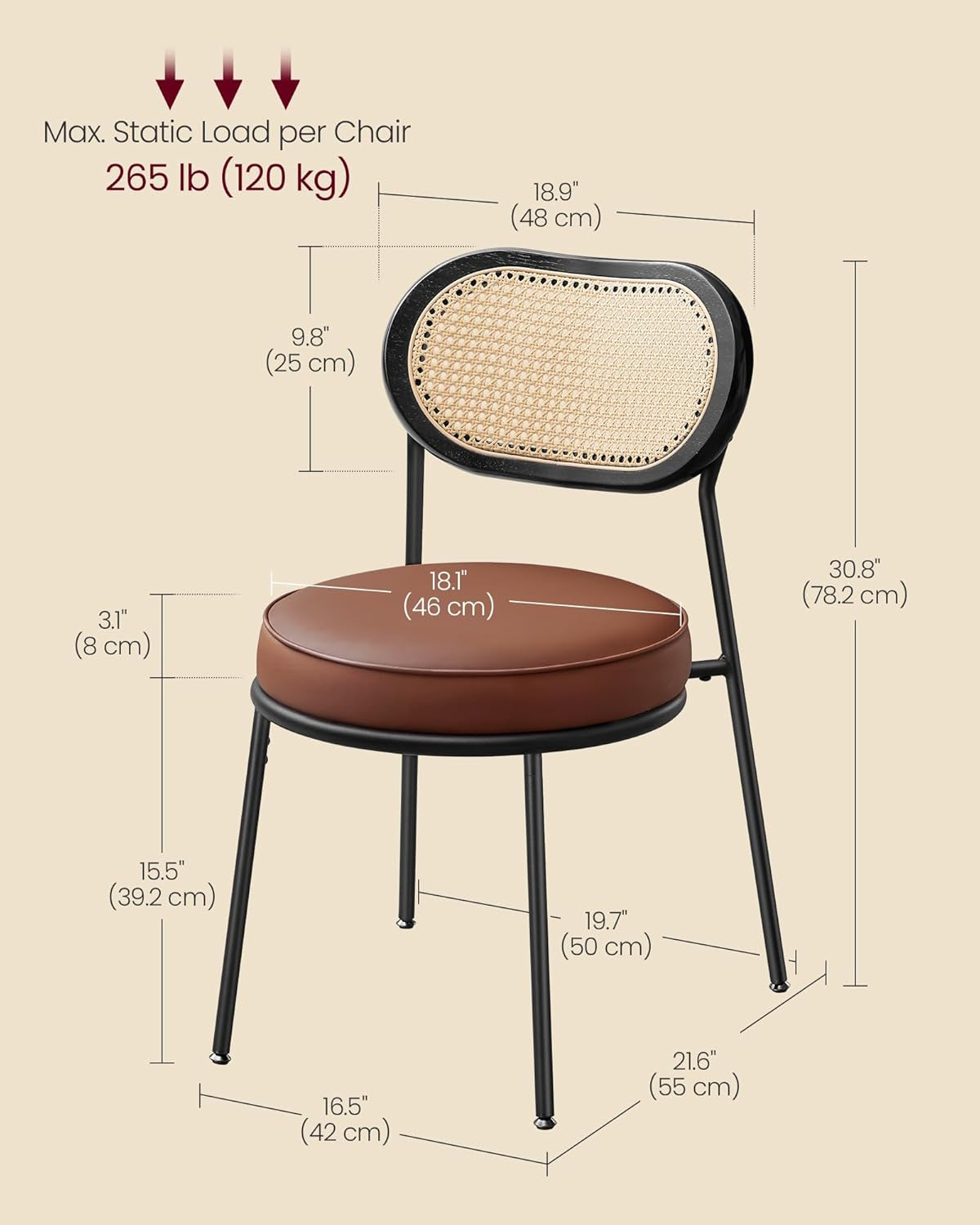 Dining Chairs, Set of 4 Accent Chair for Dining Room Kitchen, with Boho PE Rattan Back, Synthetic Leather Upholstery, Ink Black ULDC160B24