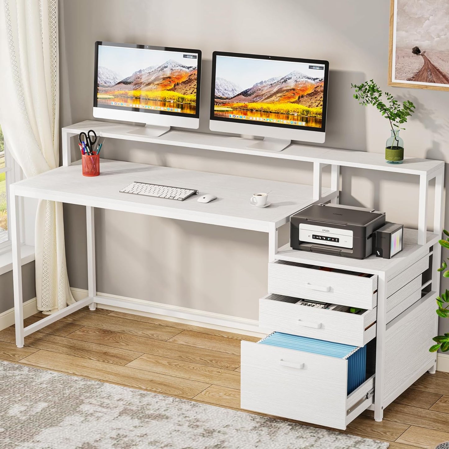 63 Inch Computer Desk with File Drawer Cabinet, Ergonomic Office Desk with Monitor Stand, Computer Table with Printer Space, Wood PC Table Workstation Desk for Home Office, White
