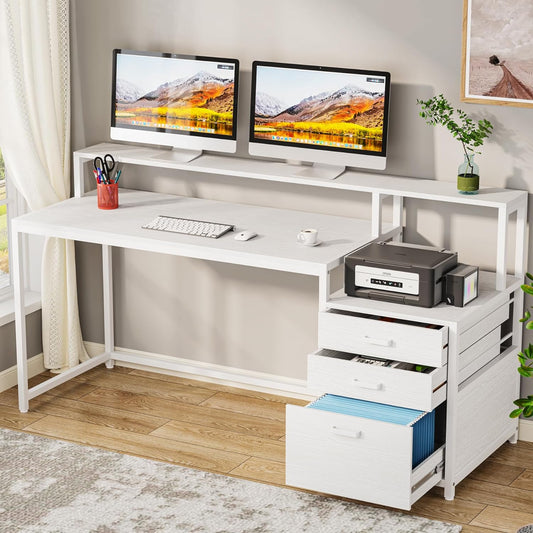 63 Inch Computer Desk with File Drawer Cabinet, Ergonomic Office Desk with Monitor Stand, Computer Table with Printer Space, Wood PC Table Workstation Desk for Home Office, White