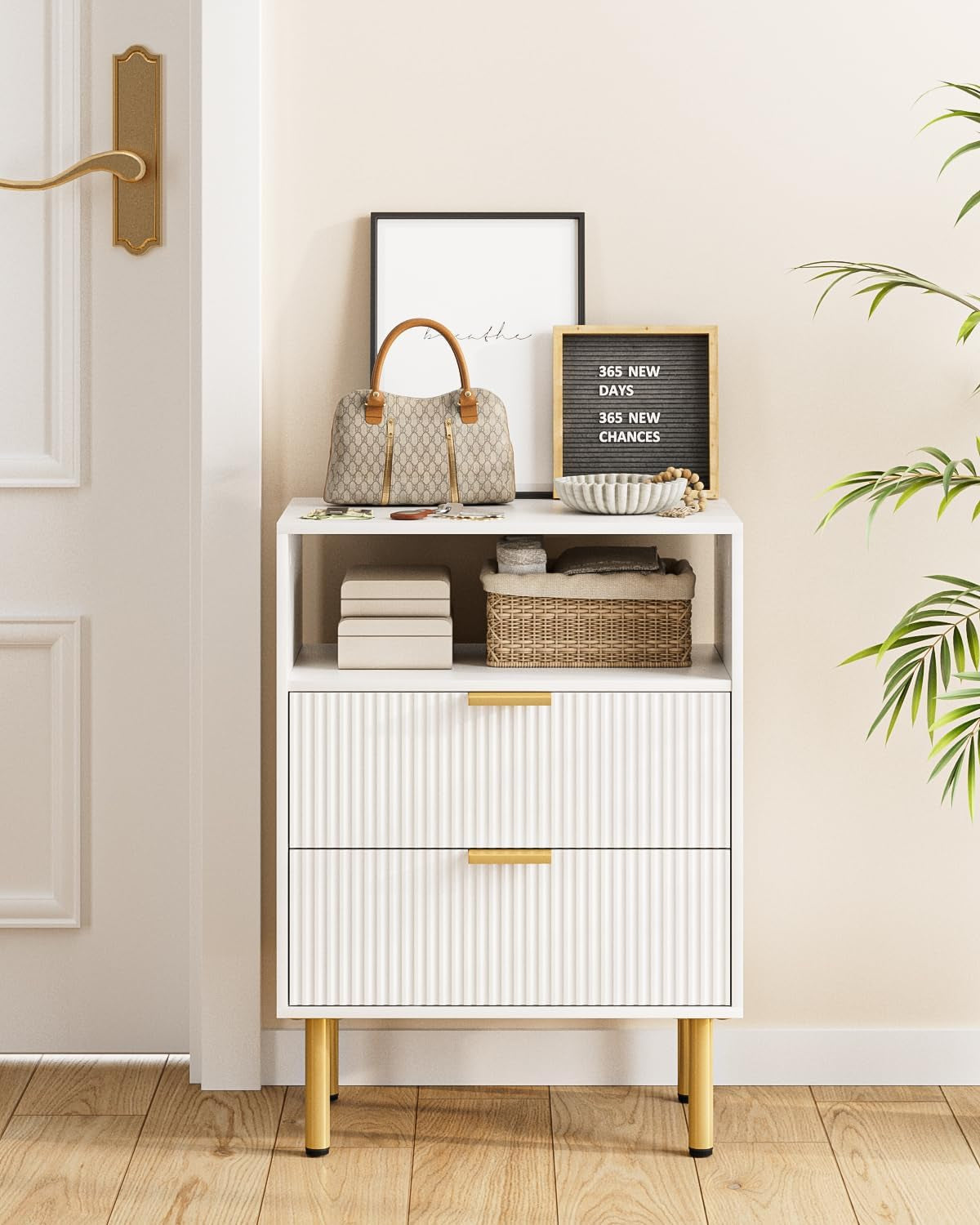 Night Stand,Tall Bedside Table with 3Storage Drawers,White Nightstand,Bedside Furniture,Side Table with Gold Frame,End Table for Bedroom,Living Room (Modern-2Drawers 1Shelf, White)