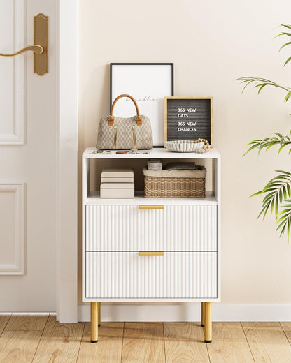 Night Stand,Tall Bedside Table with 3Storage Drawers,White Nightstand,Bedside Furniture,Side Table with Gold Frame,End Table for Bedroom,Living Room (Modern-2Drawers 1Shelf, White)