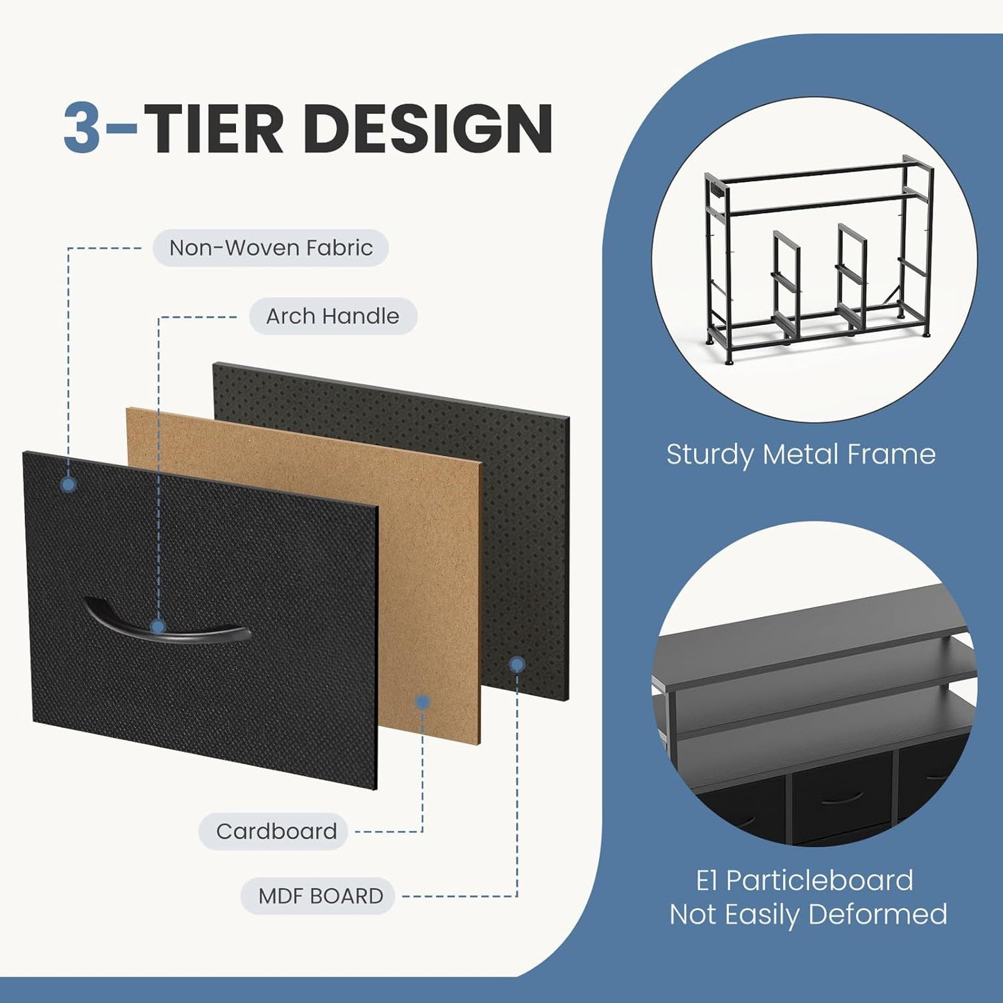 TV Stand for up to 45 Inch TV, Wood Top TV Media Console Table with 6 Fabric Drawers, 2 Shelves, Entertainment Center with LED Lights & Charging Station for Living Room, Hallway, Black
