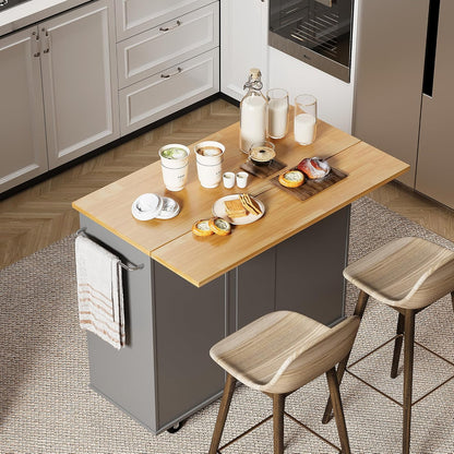 Rolling Kitchen Island Cart with Folding Drop Leaf Breakfast Bar, Portable Trolley Island with Large Storage Cabinet, Shelf and Drawer, Gray