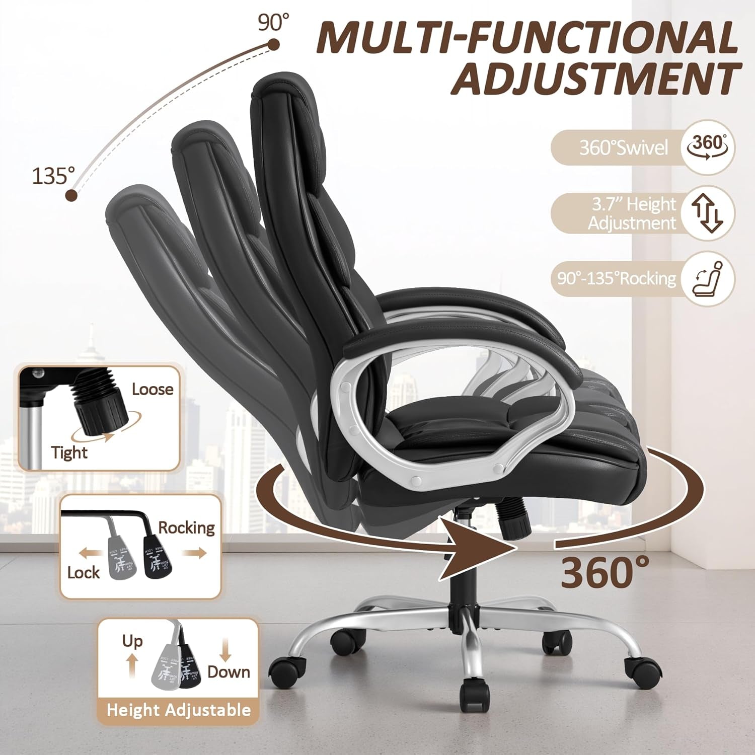 Office Chair High Back Computer Desk Chair, PU Leather Adjustable Height Modern Executive Swivel Task Chair with Padded Armrests and Lumbar Support (Black)
