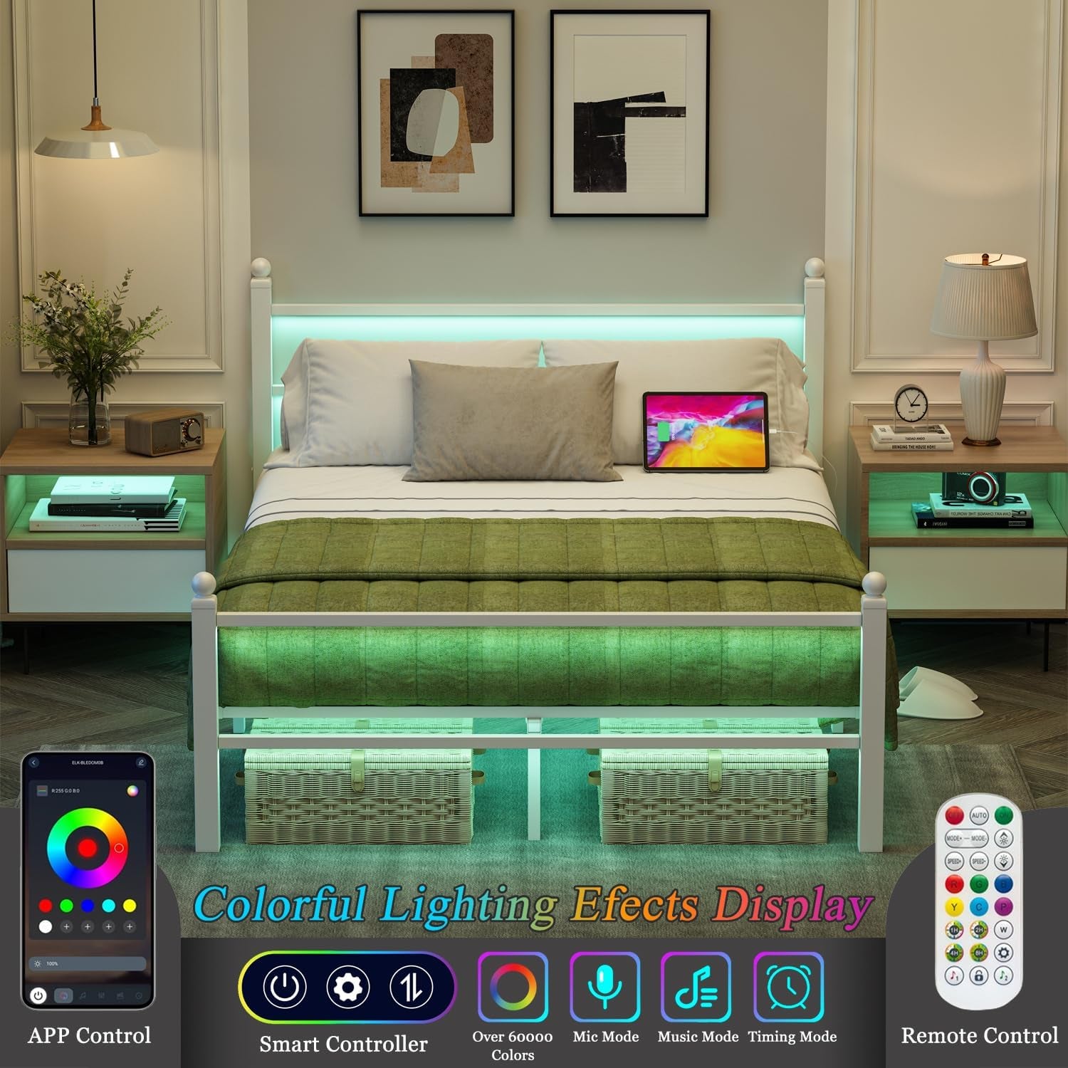 Full Size Bed Frame with Charging Station & LED Lights, Full Metal Platform Bed Frame with Headboard and Footboard, Storage Space under Bed, No Box Spring Needed, Noise Free, Easy Assembly, White