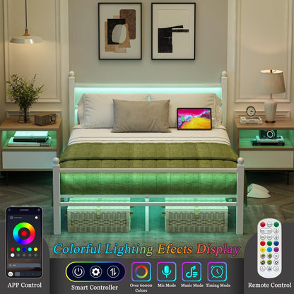 Full Size Bed Frame with Charging Station & LED Lights, Full Metal Platform Bed Frame with Headboard and Footboard, Storage Space under Bed, No Box Spring Needed, Noise Free, Easy Assembly, White