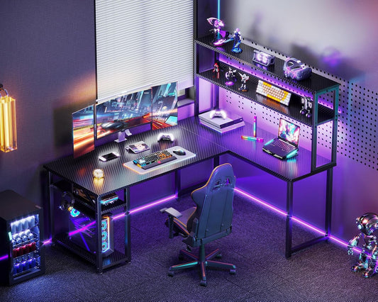 53" L Shaped Gaming Desk with Hutch & Headphone Hook, Corner Computer Table with Storage Shelves for Home Office, Black