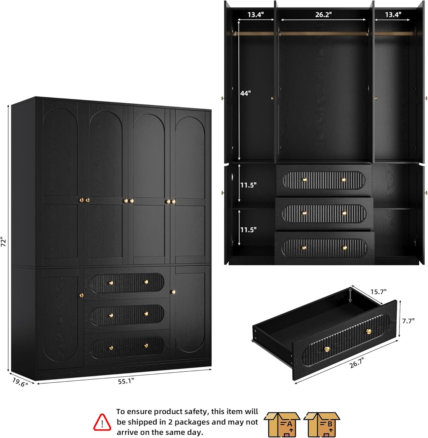 4 Doors Freestanding Armoire Wardrobe Closet, 72" Black Wardrobe Armoire Wooden Closet Large Capacity Storage with 3 Drawers & 3 Hanging Rod Shelves Clothes Organizer