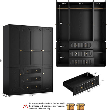 4 Doors Freestanding Armoire Wardrobe Closet, 72" Black Wardrobe Armoire Wooden Closet Large Capacity Storage with 3 Drawers & 3 Hanging Rod Shelves Clothes Organizer