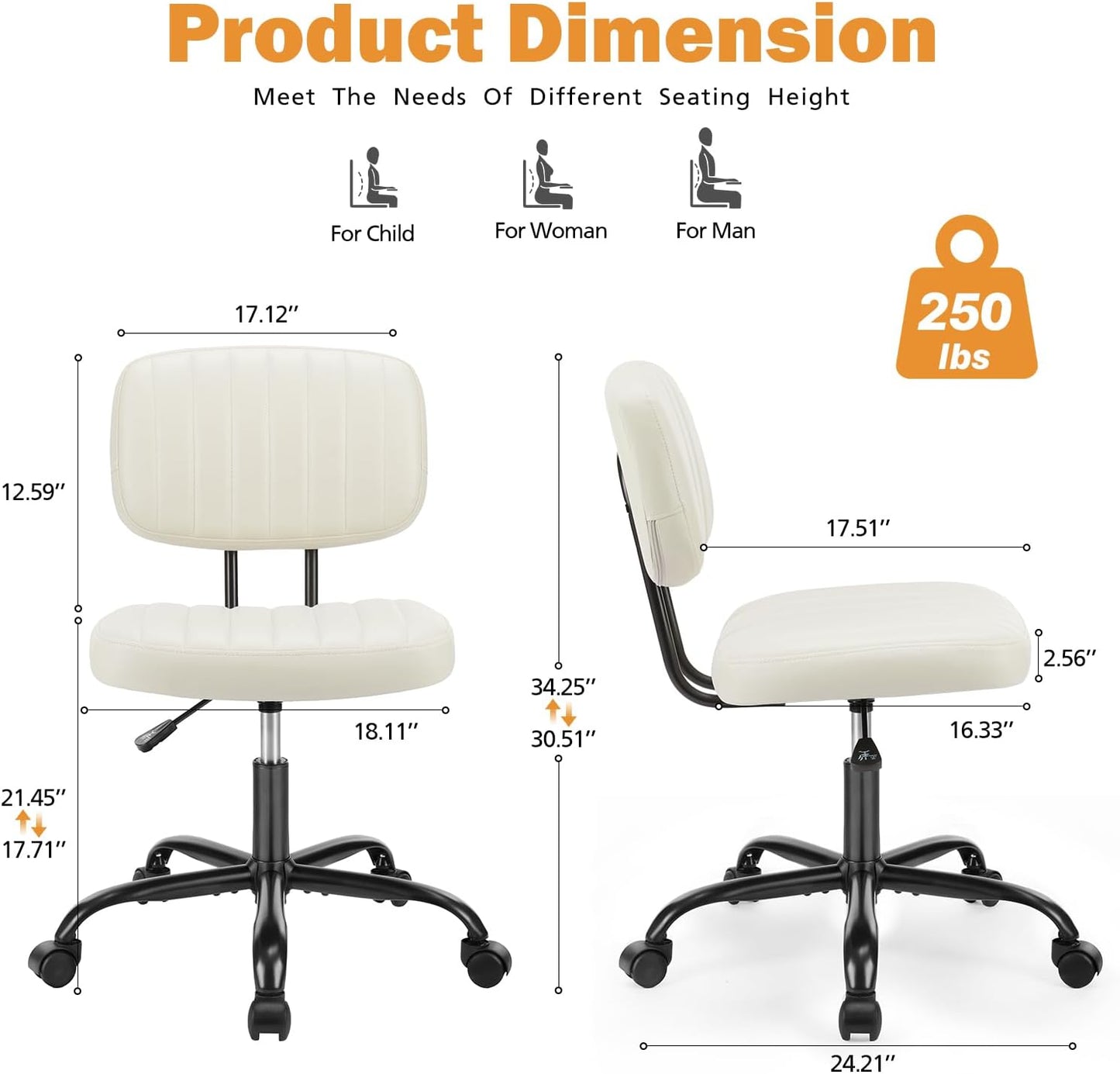 Small Office Desk Chair - Armless PU Leather with Comfy Lumbar Support, Height Adjustable Rolling Swivel Task for No Arms, for Adult, Student, Bedroom, Home, Vanity, Beige White