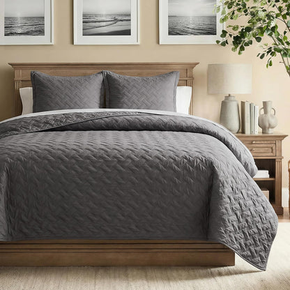 Quilts King Size - Grey Bedspreads King Size with Basket Weave Pattern, Soft Quilt Bedding Set, Lightweight Comforter Set Coverlet for All Seasons with 2 Pillow Shams (106" X 96")