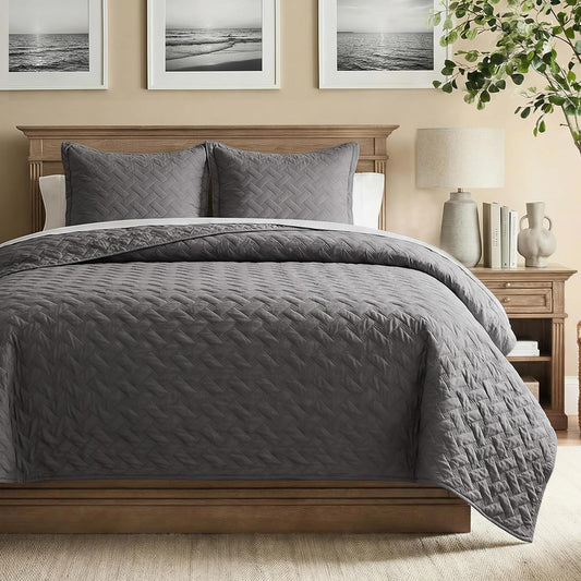 Quilts King Size - Grey Bedspreads King Size with Basket Weave Pattern, Soft Quilt Bedding Set, Lightweight Comforter Set Coverlet for All Seasons with 2 Pillow Shams (106" X 96")