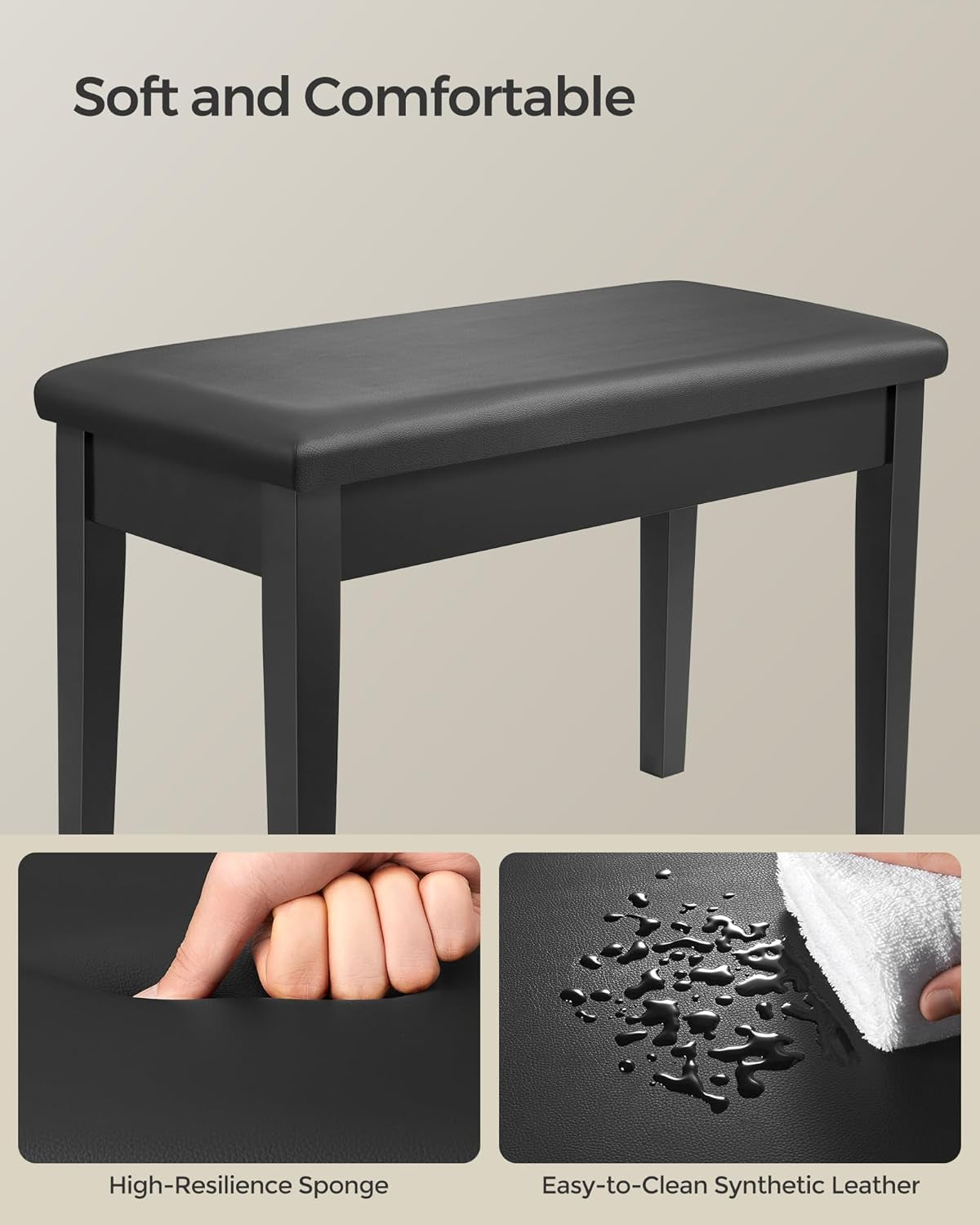 Duet Piano Bench with Padded Cushion and Storage Compartment, Piano Chair Seat, 13.4 X 29.1 X 19.7 Inches, Ink Black ULPB75BK