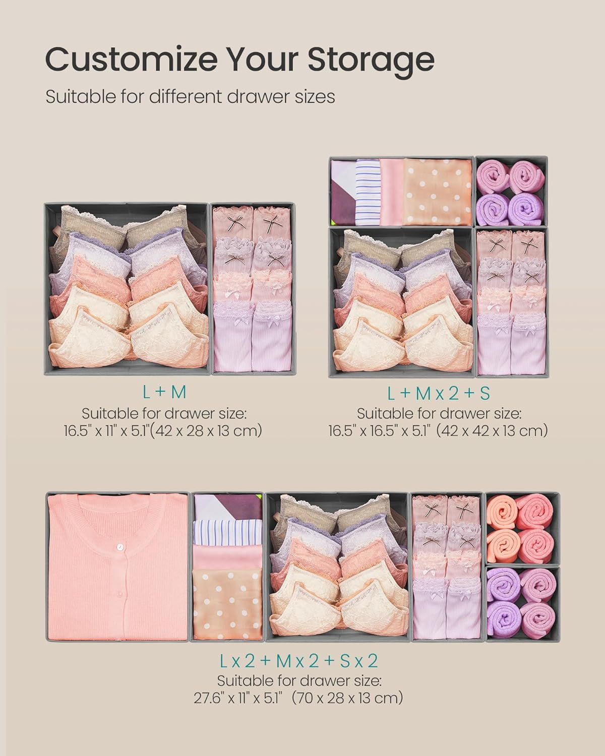 Drawer Organizers, Dresser Divider Organizers, Set of 18, Foldable Fabric Storage Boxes for Socks, Underwear, Bras, Ties, Scarves, Dove Gray URDZ006G05