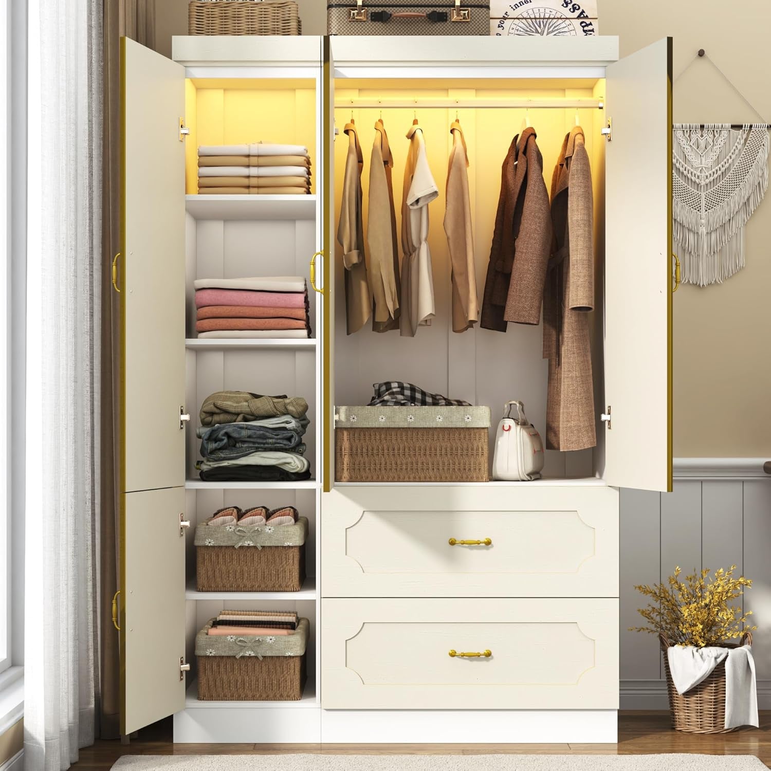 75" Tall 3 Doors Armoire Wardrobe Closet with Mirror and LED Light,Modern Freestanding White Wardrobe Armoire for Bedroom with Drawers,Modern Clothing Storage Cabinet for Bedroom(White)