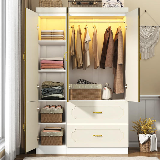 75" Tall 3 Doors Armoire Wardrobe Closet with Mirror and LED Light,Modern Freestanding White Wardrobe Armoire for Bedroom with Drawers,Modern Clothing Storage Cabinet for Bedroom(White)
