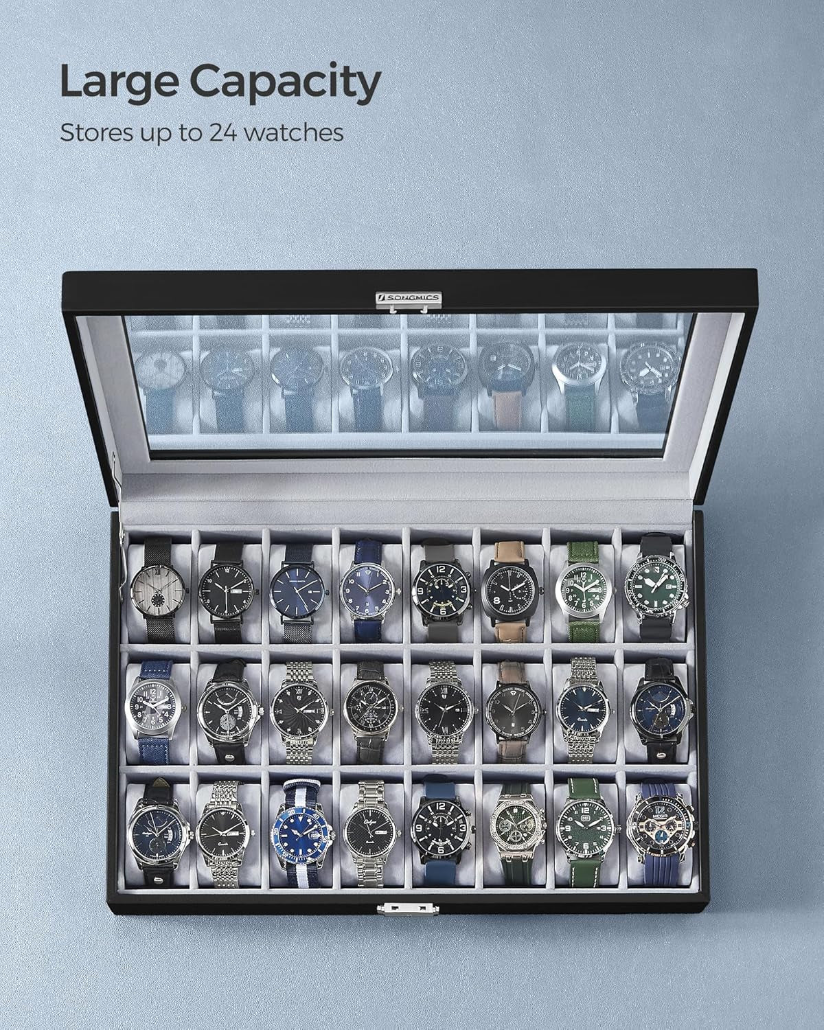 24-Slot Watch Box, Lockable Storage Case with Glass Lid, Ink Black Synthetic Leather, Dove Gray Lining, Gift Idea UJWB024