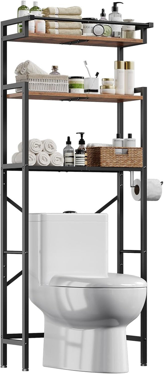 Over-The-Toilet Storage Rack, 3-Tier Bathroom Shelves above Toilet, Bathroom Organizer with Toilet Paper Hook, Laundry Room, Space Saver, Rustic Brown and Black BF21TS01