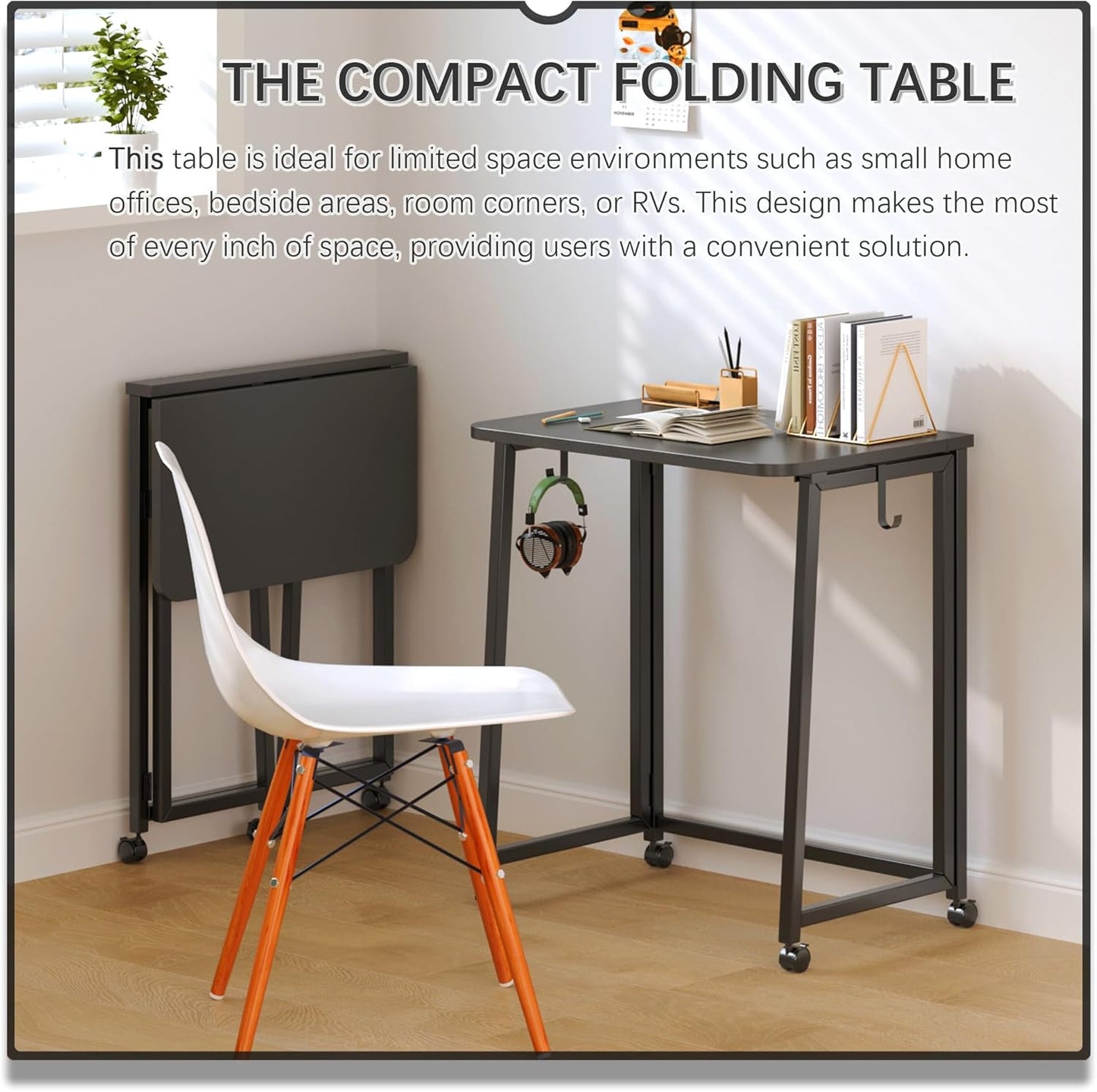 23.6" Mobile Small Folding Desk, Foldable Rolling Computer Home Office Desk, Study Writing Table for Small Space Saving Bedroom, with Wheels - All Black