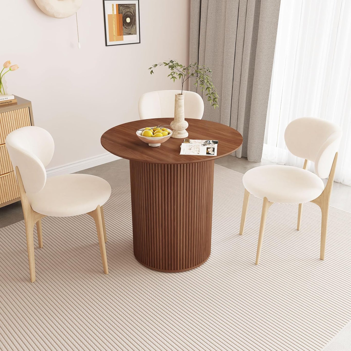 31.5" round Dining Table for 2 People, Small Kitchen Dinner Table with Fluted Wood Base, Farmhouse Circle Dining Tables for Home, Kitchen, Dining Room, Living Room (Walnut)