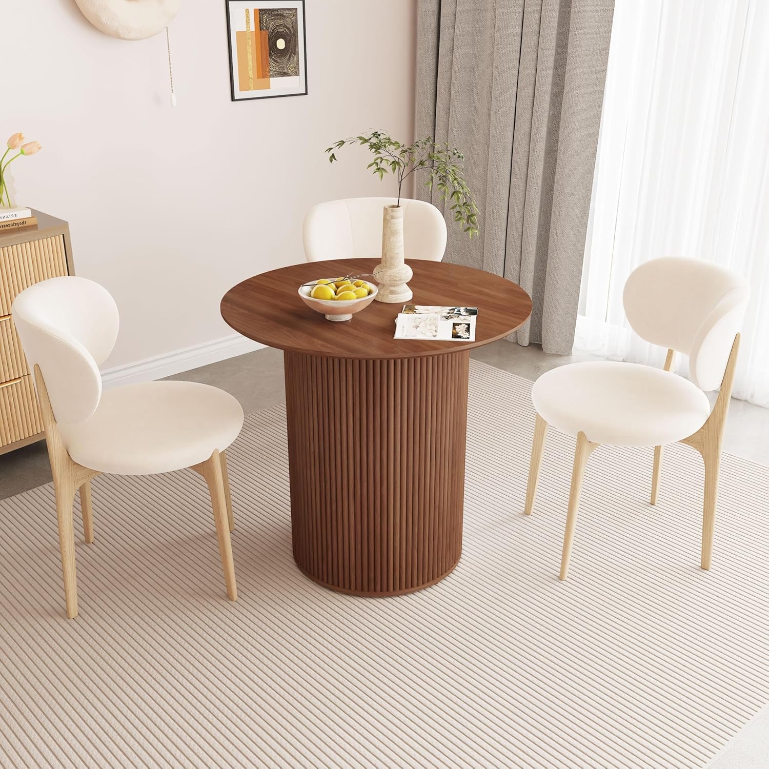 31.5" round Dining Table for 2 People, Small Kitchen Dinner Table with Fluted Wood Base, Farmhouse Circle Dining Tables for Home, Kitchen, Dining Room, Living Room (Walnut)