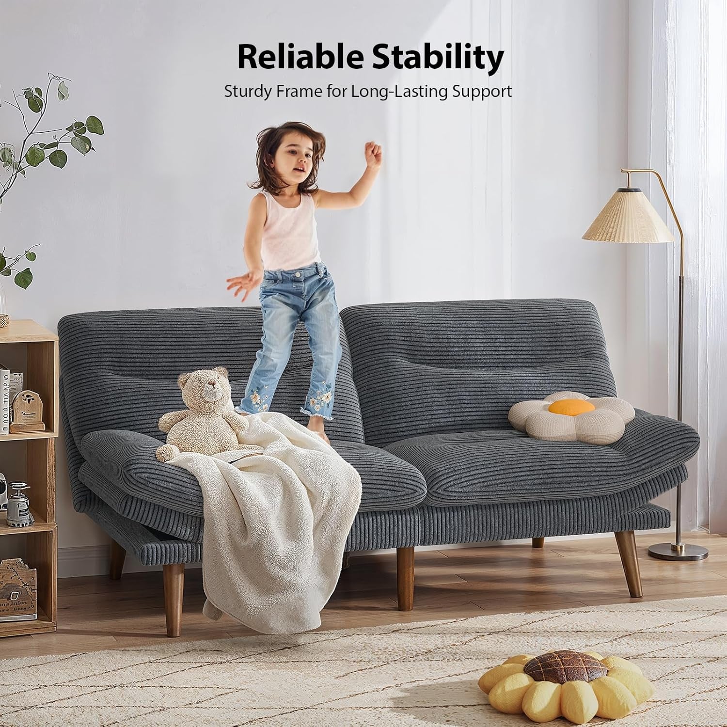 Futon Sofa Bed, Modern 66" Futon Couch Convertible to Bed & Lounger, Compact Size, Corduroy Loveseat, Durable Construction - Fits Small Spaces, Apartments,Study Room (Volcanic Gray, 66 Inch)