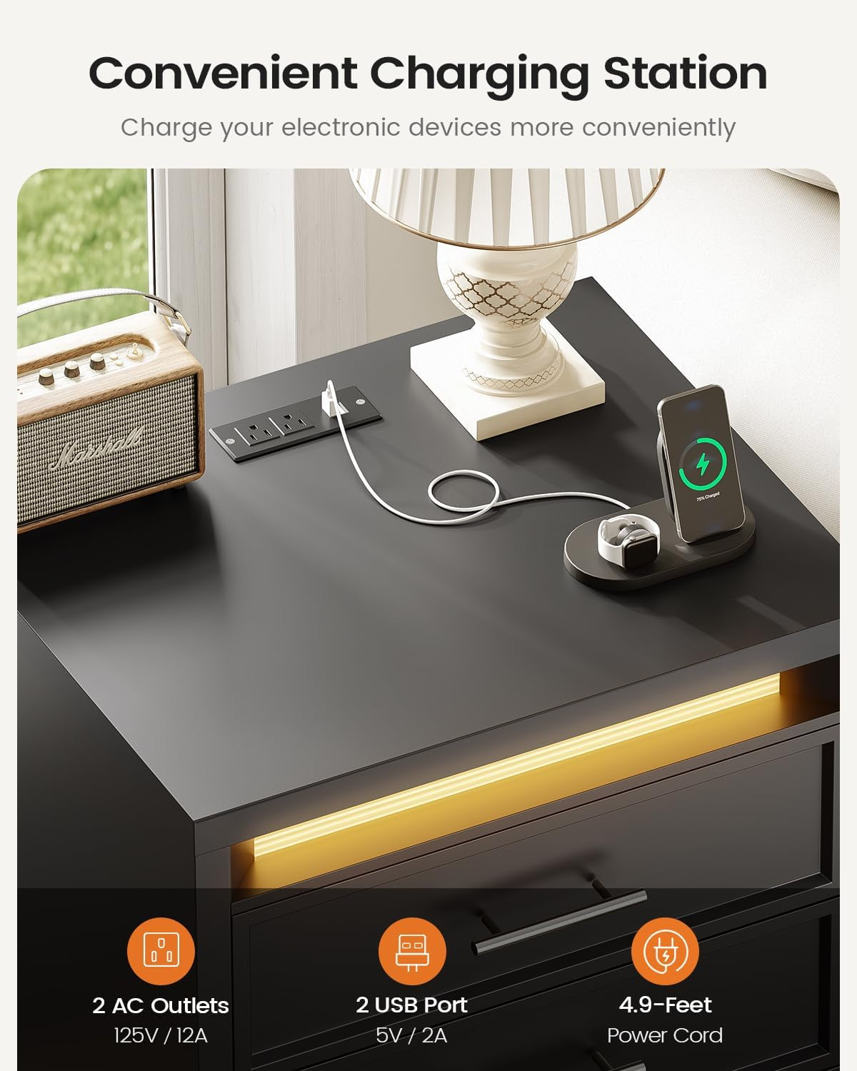 Night Stand with Charging Station,Black Nightstand with 3 Drawer and 3 Color Lightbox, Bedside End Table with Metal Handle for Bedroom (1, Black)