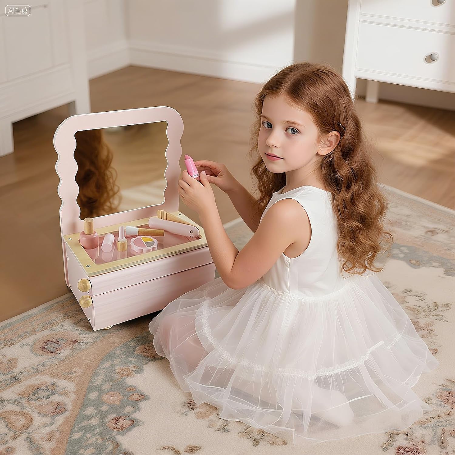 Wooden Kids Vanity Set with Acrylic Display Case, Pretend Play Toddler Makeup Vanity for Girls, Beauty Salon Set with Makeup Accessories, Little Girls Gift Age 3+ (Pink)