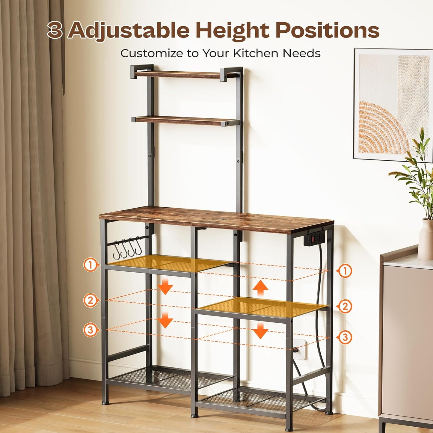 31.5 Inch Bakers Rack with Power Outlets, Kitchen Microwave Stand with Storage, Coffee Bar with 4 Hooks, 3-Level Height Open Shelves, Rustic Brown