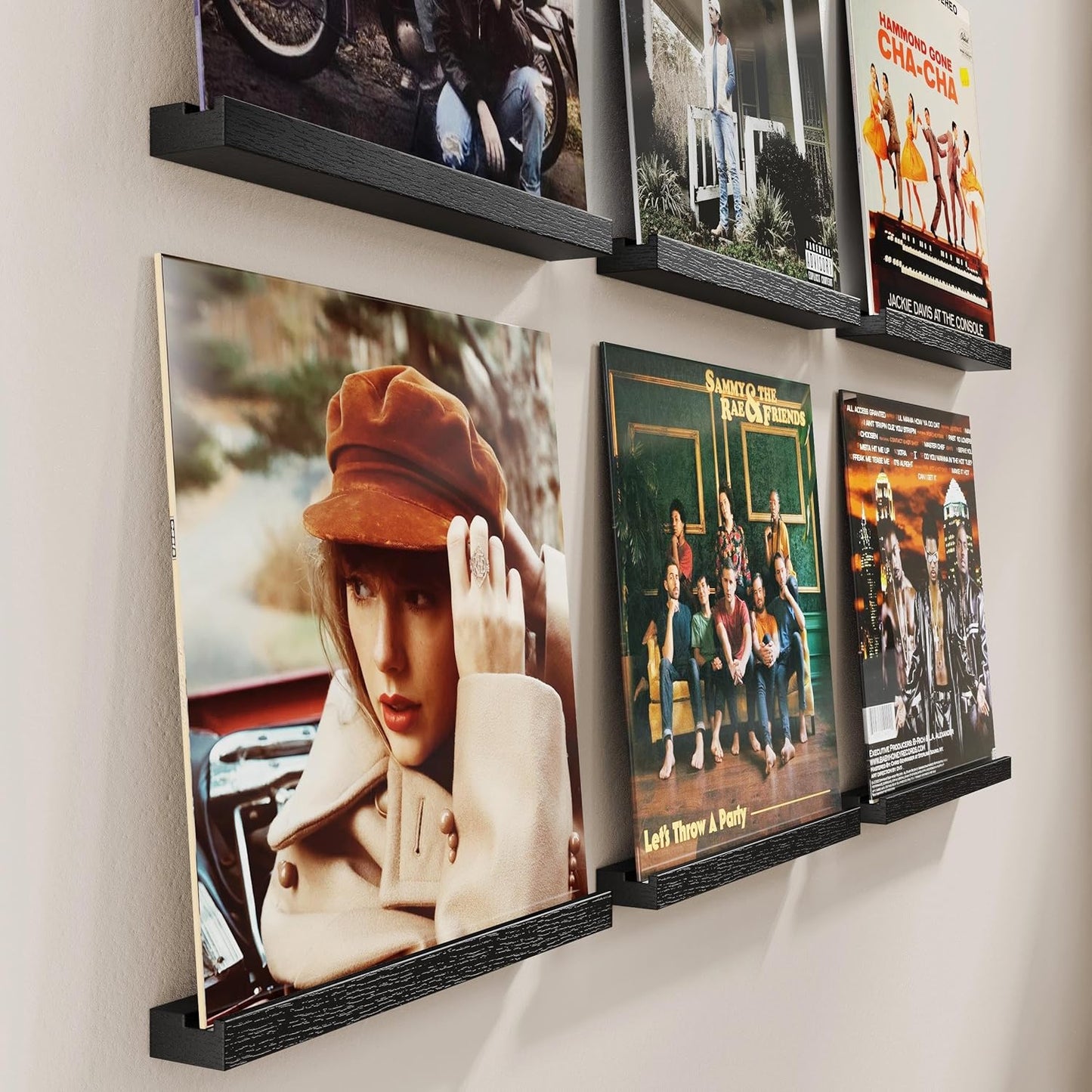 Vinyl Record Shelf Wall Mount, 6 Pack Album Record Holder Wall, 12 Inch Vinyl Record Storage Shelves Wall, Wood Record Display for Living Room(Black)
