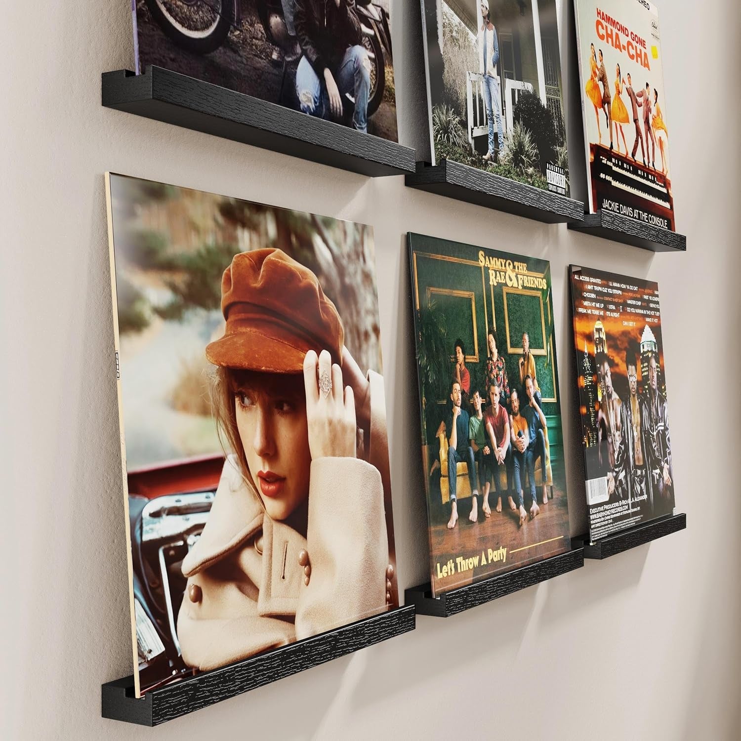 Vinyl Record Shelf Wall Mount, 6 Pack Album Record Holder Wall, 12 Inch Vinyl Record Storage Shelves Wall, Wood Record Display for Living Room(Black)