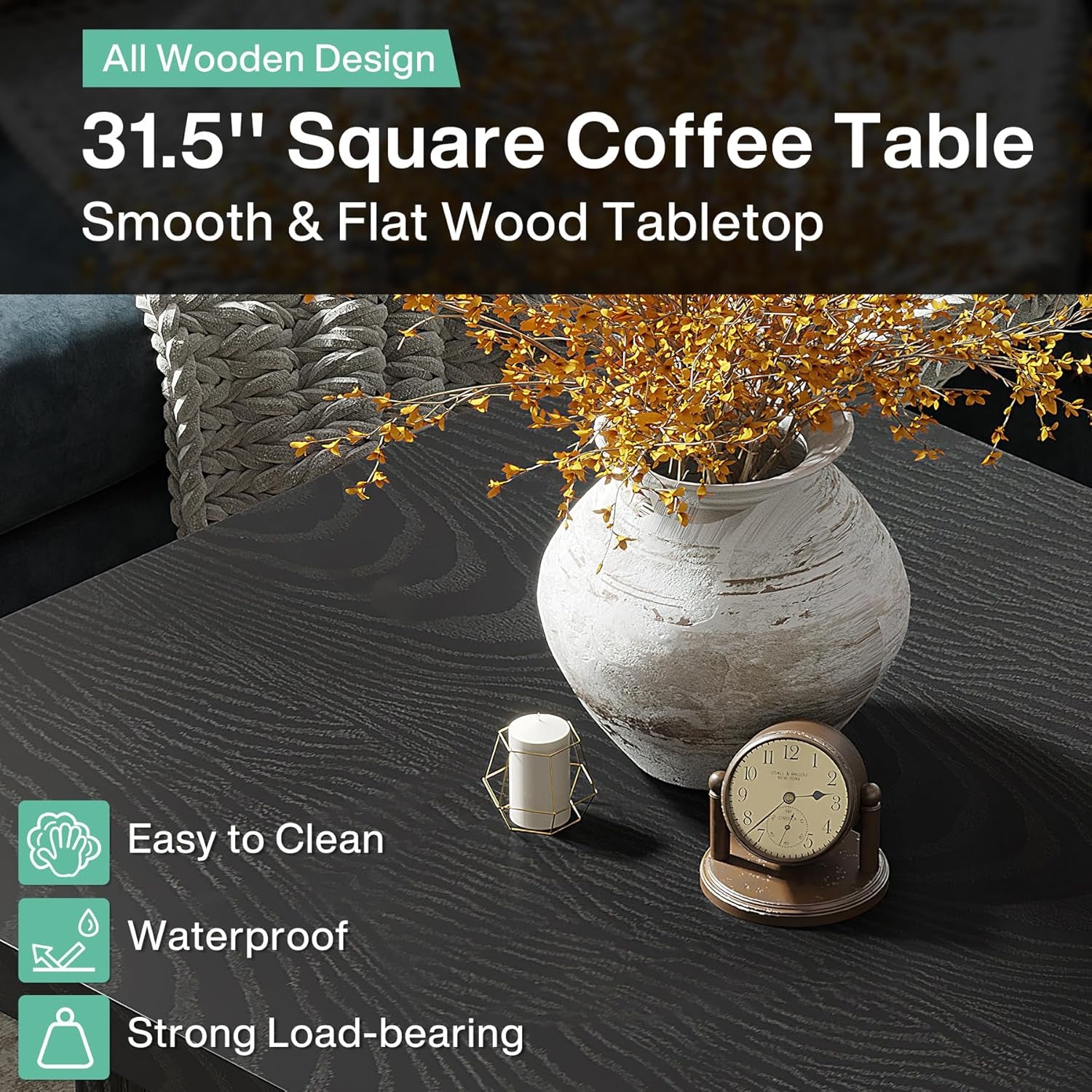 Square Coffee Table, 31.5-Inch Fluted Coffee Table, Mid-Century Modern Living Room Table, Large Cocktail Table for Living Room, Easy Assembly, Black