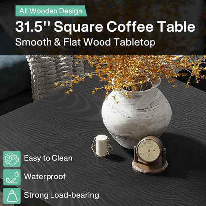 Square Coffee Table, 31.5-Inch Fluted Coffee Table, Mid-Century Modern Living Room Table, Large Cocktail Table for Living Room, Easy Assembly, Black