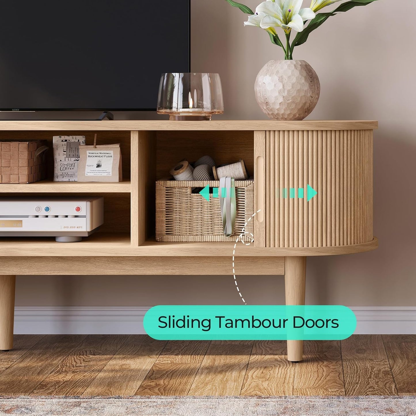 70" Fluted TV Stand for Tvs up to 80 Inch, Mid Century Modern Entertainment Center with Storage Cabinet and Sliding Doors, Farmhouse Wood Media TV Console for Living Room, Bedroom, Oak