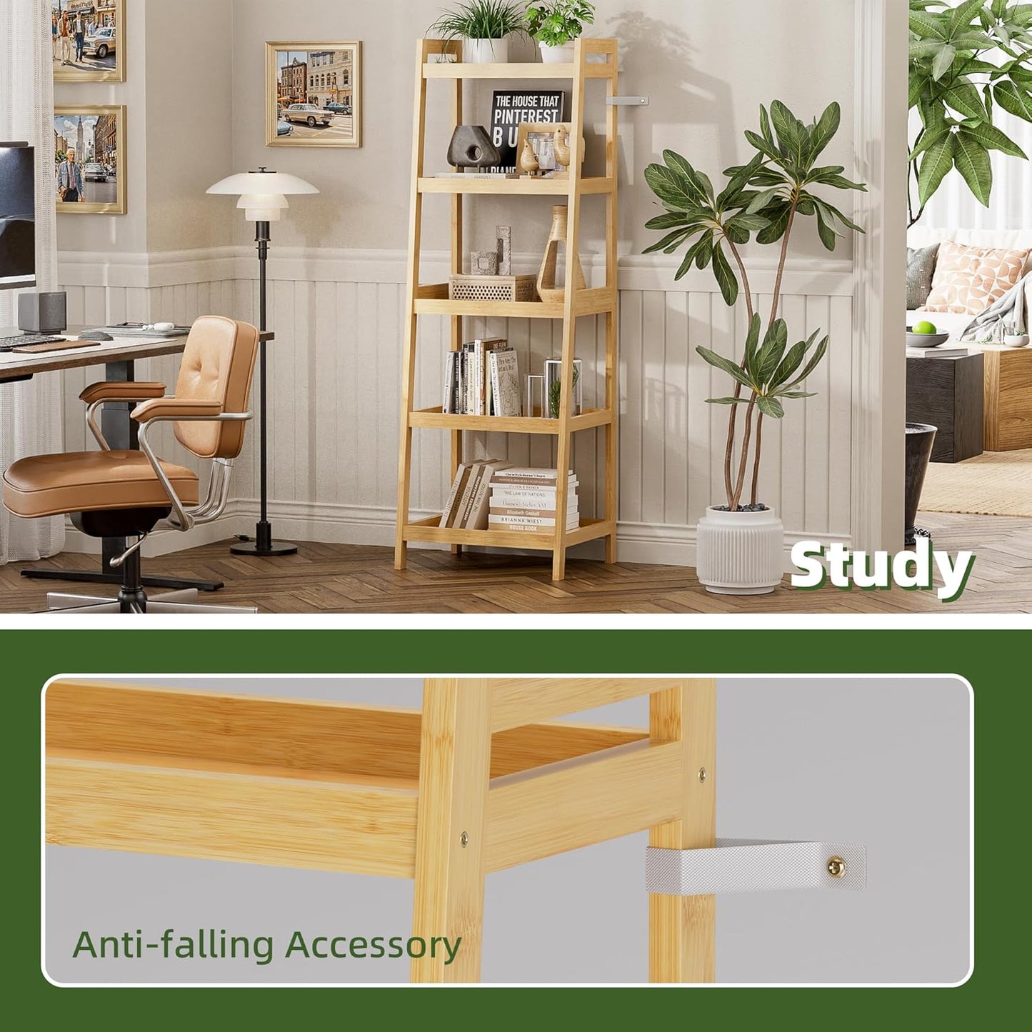 Bookshelf, 5 Tier Ladder Bookcase with Bamboo Frame, Freestanding Tall Narrow Display Plant Shelf for Living Room, Kitchen, Bedroom, Balcony, Natural