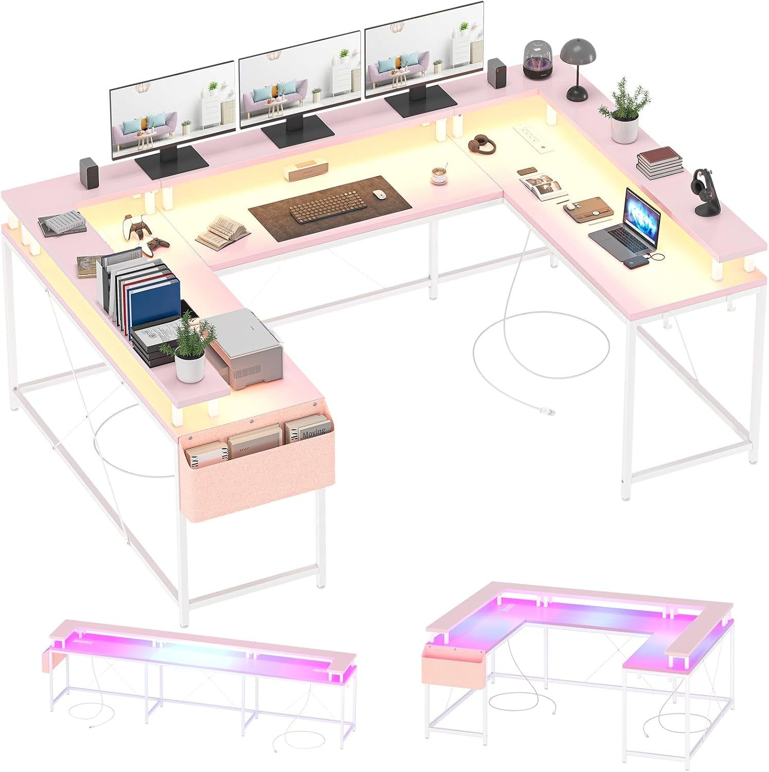 U-Shaped Computer Desk with Power Outlets & LED Lights 79 Inch Reversible L-Shaped Office Workstation, Full Monitor Stand, Spacious Corner Table for Home Office, Black