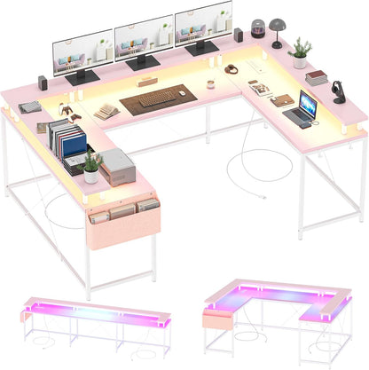U-Shaped Computer Desk with Power Outlets & LED Lights 79 Inch Reversible L-Shaped Office Workstation, Full Monitor Stand, Spacious Corner Table for Home Office, Black