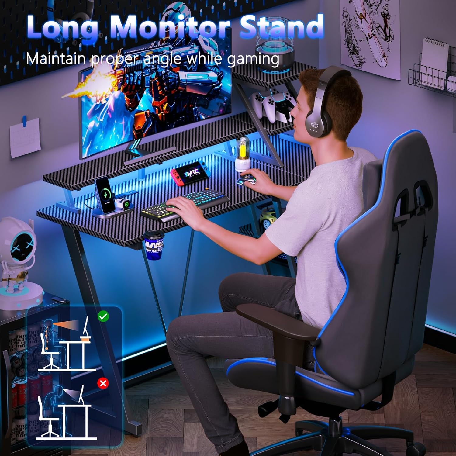 39 Inch Gaming Desk with LED Lights & Power Outlet, Small Gaming Computer Desk with Storage Shelves, L Shaped Gamer Workstations with Monitor Stand for Bedroom, Carbon Fiber Black