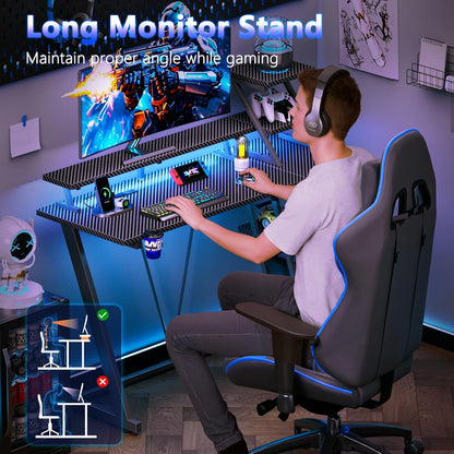 39 Inch Gaming Desk with LED Lights & Power Outlet, Small Gaming Computer Desk with Storage Shelves, L Shaped Gamer Workstations with Monitor Stand for Bedroom, Carbon Fiber Black