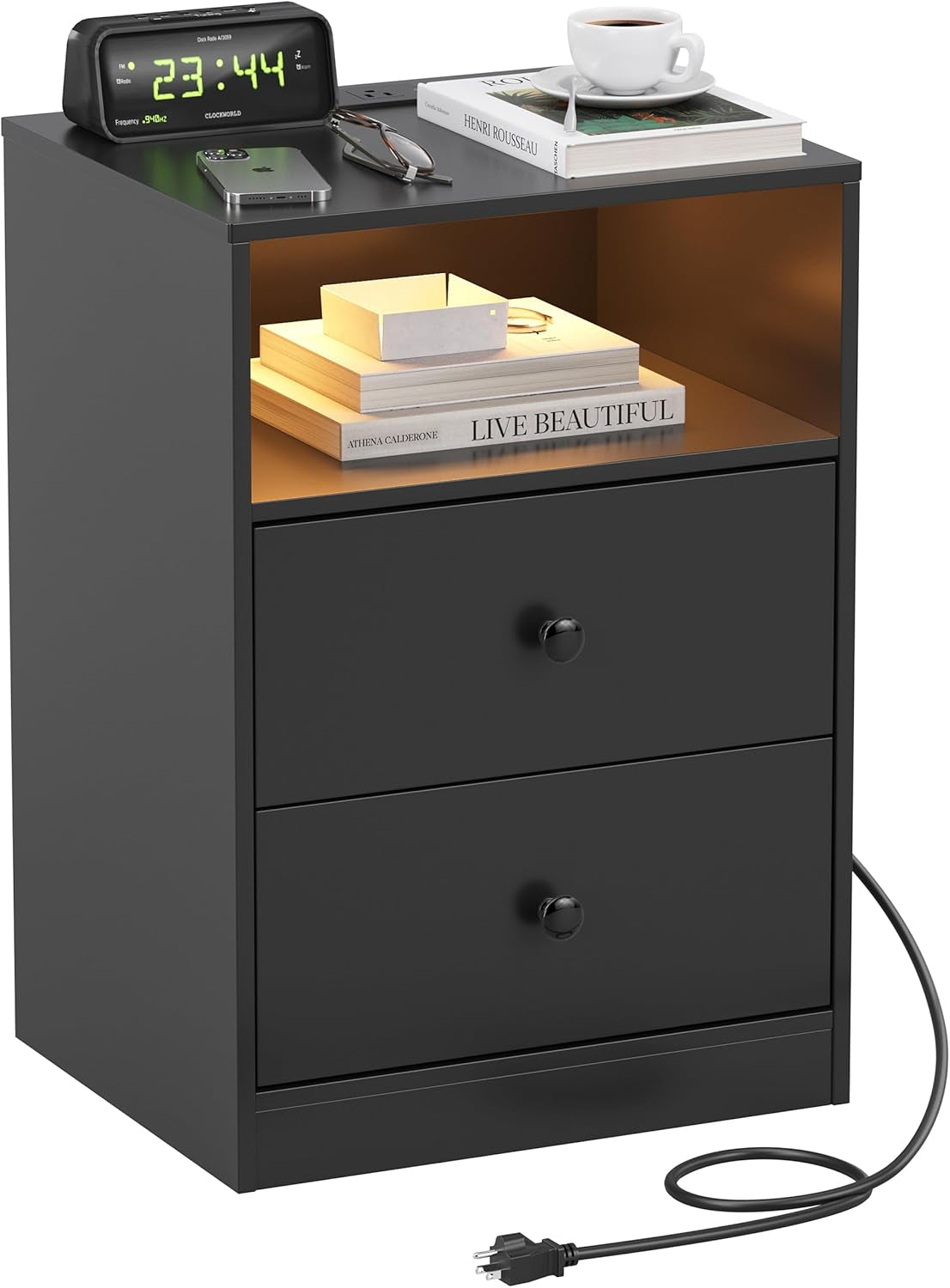 LED Wood Night Stand with Charging Station, Black Nightstand Bedside Table with 2 USB Ports & Outlets, Nightstands with 2 Large Drawers, End Side Table Dresser with Storage Shelf for Bedroom.