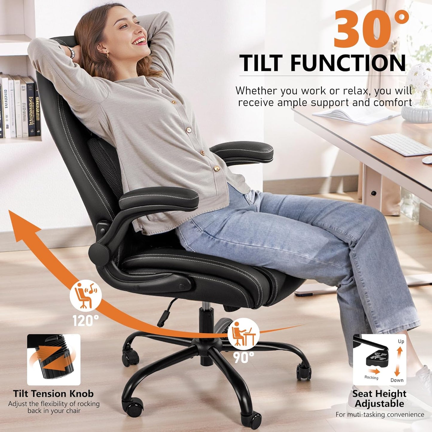 Office Chair,Ergonomic Office Chair with Lumbar Support for Lower Back Pain Relief, Executive Leather Chair with Padded Flip-Up Arms, Wheels and Adjustable Armrests, Black