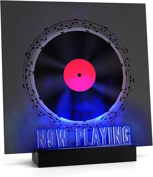 Now Playing Vinyl Record Stand,Light up Wooden Album Display Holder with Acrylic Sign, Multi Color LED Now Spinning Hip Hop Record Wood Rack,Lp Record Player Accessories Gift