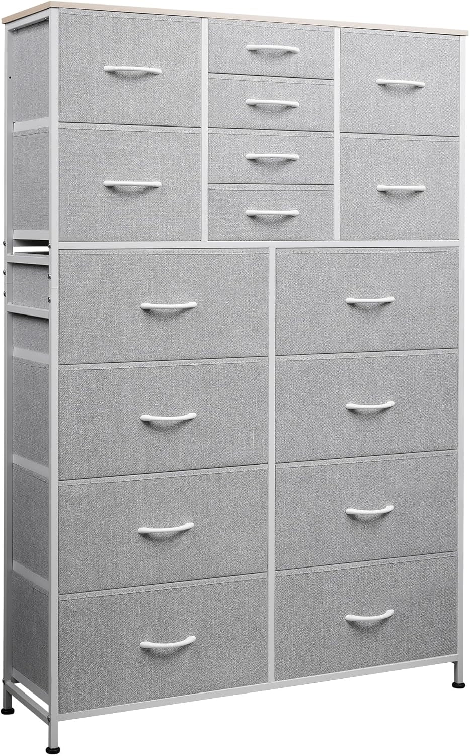 Tall Console Table with 16 Fabric Drawers, Entryway Table with Storage, Large Storage Organizer with Wood Top, Steel Frame for Living Room, Hallway, Office, Light Grey