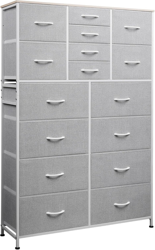 Tall Console Table with 16 Fabric Drawers, Entryway Table with Storage, Large Storage Organizer with Wood Top, Steel Frame for Living Room, Hallway, Office, Light Grey